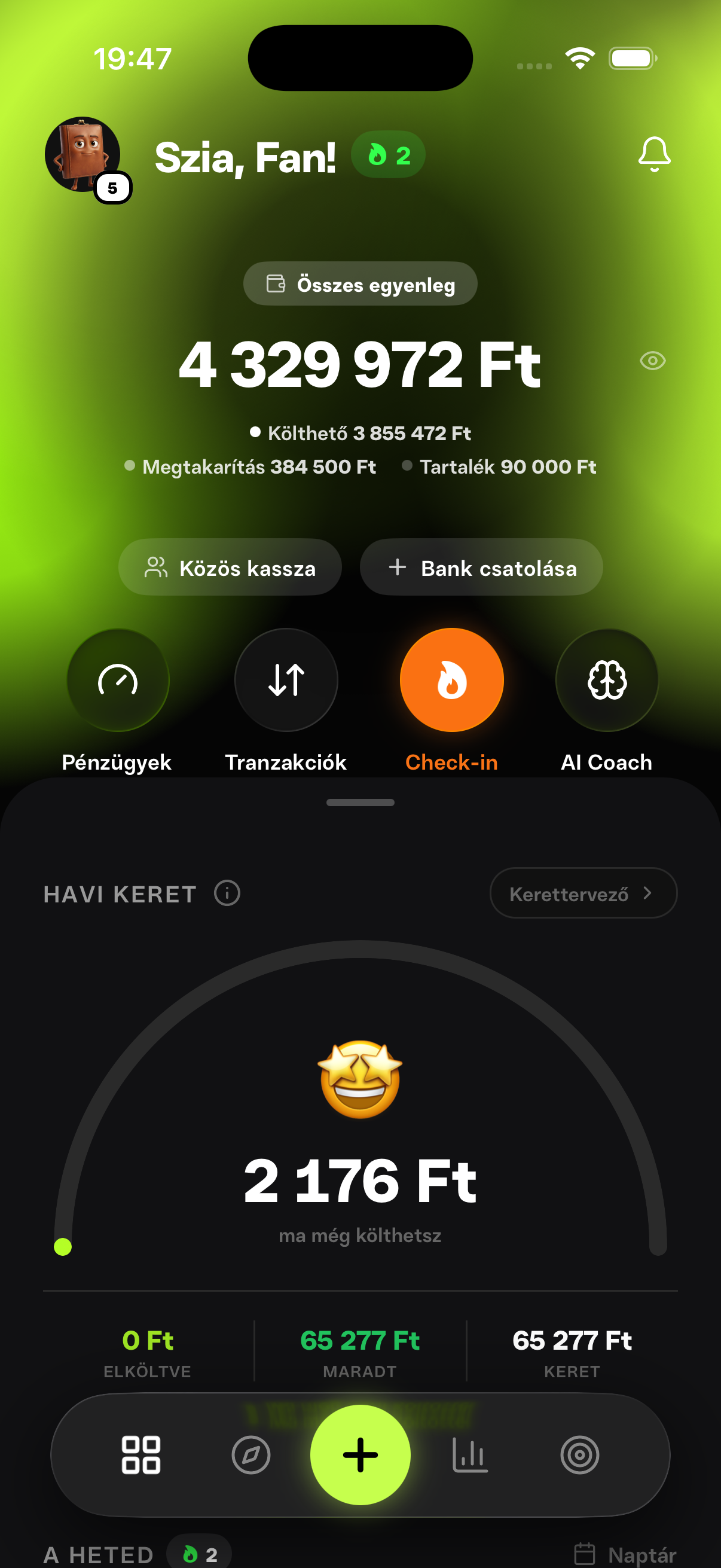 Pénzügyes app főképernyő