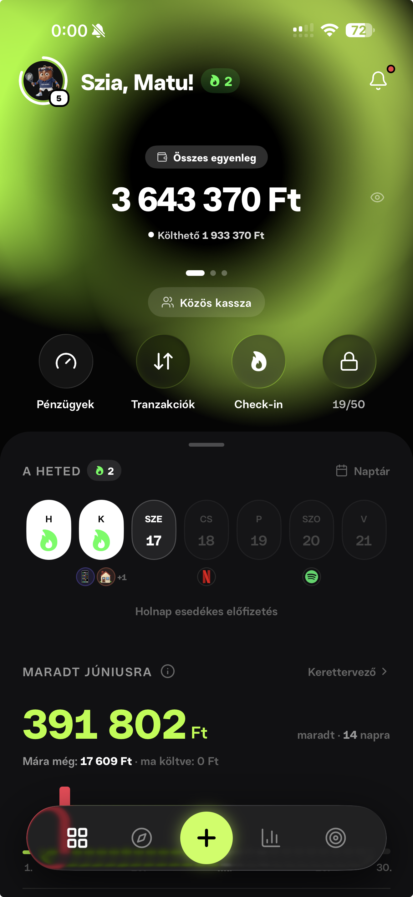 Pénzügyes app főképernyő